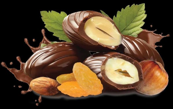Chocolate-coated almonds, hazelnuts and raisins