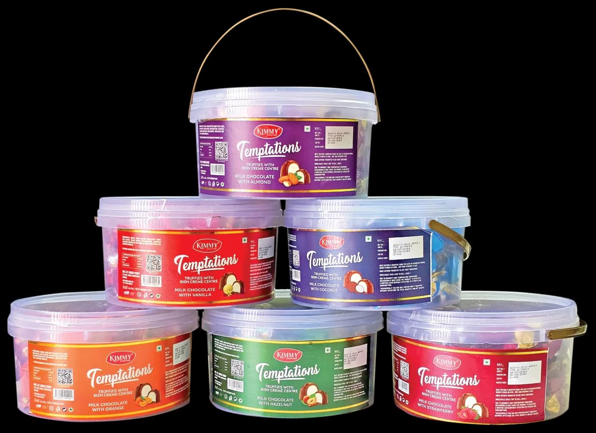 Temptations bucket packs stacked in six flavours